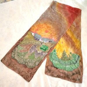 Vintage Handmade 💯 Long Silk Scarf Artisan Landscape